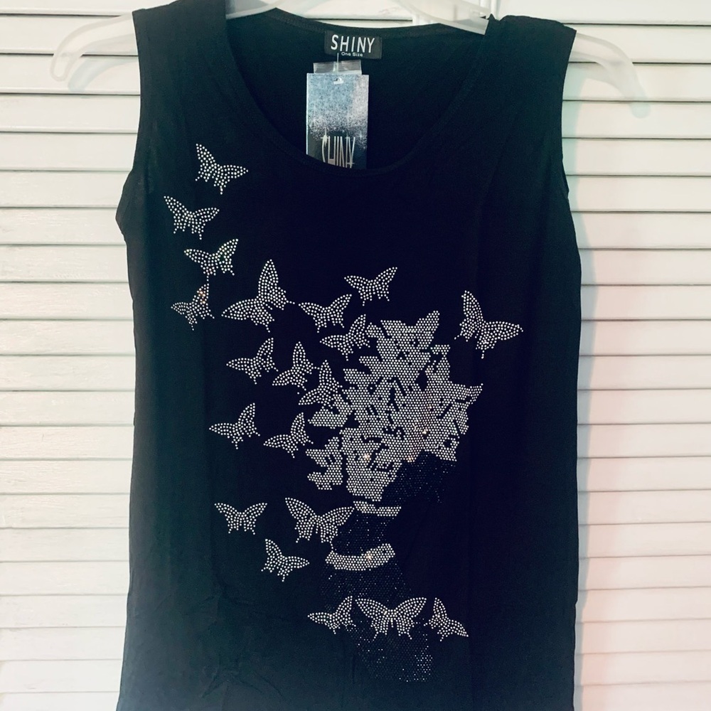 NWT Shiny Brand Black Tank Top with Butterfly Embellishments OS